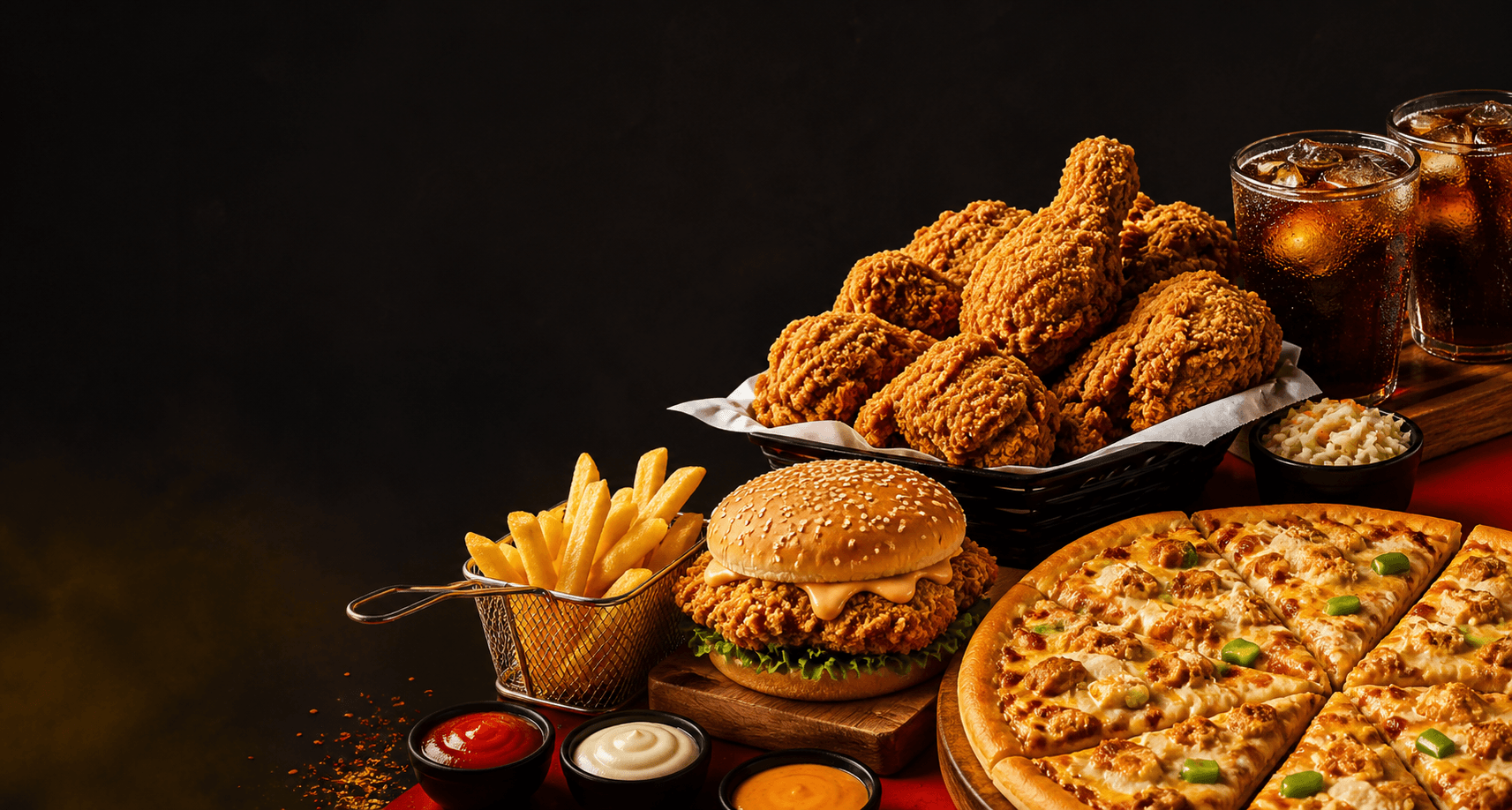 PFC crispy chicken, pizza, burger, fries, and drinks